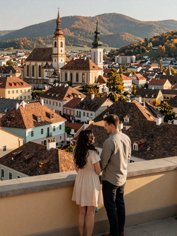 Couple enjoying a romantic evening overlooking medieval Sibiu town in Transylvania Romania