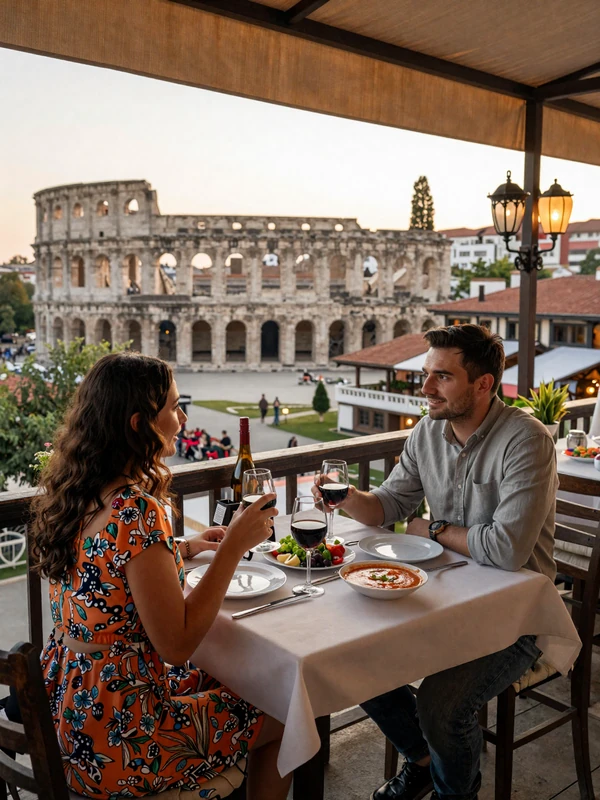 Couple enjoying dinner at a terrace restaurant in Plovdiv with Roman amphitheater view