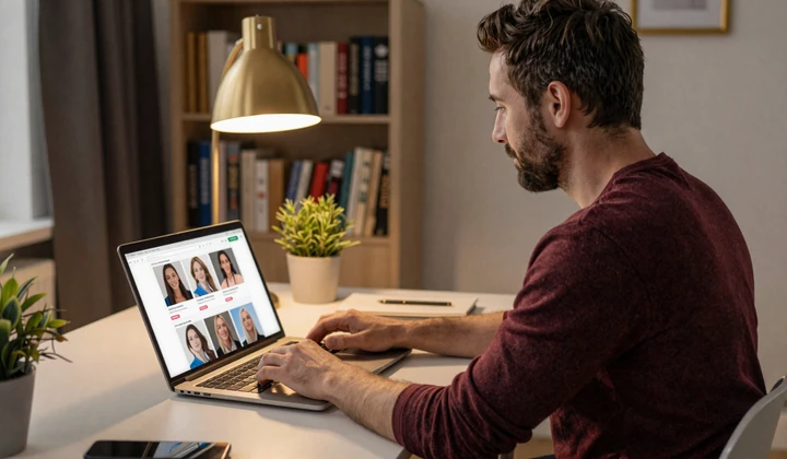 American man browsing dating apps for serious relationships on laptop in warm home office setting