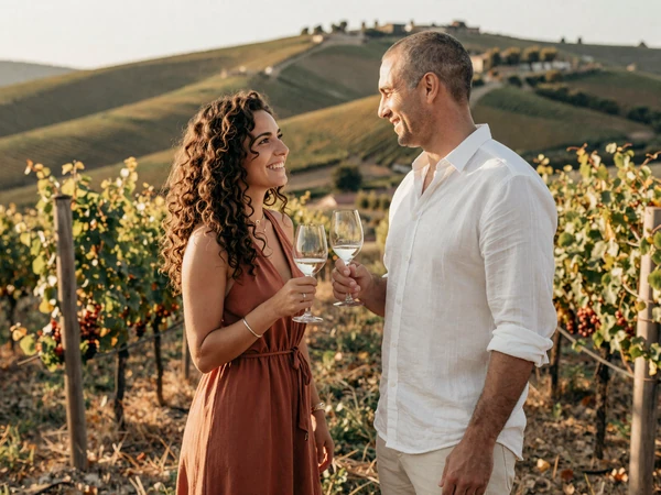 Steve and Andreea celebrating at a Romanian vineyard after finding love through international slavic dating
