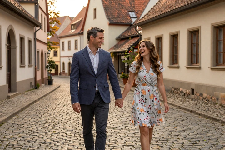 Happy American man and Slavic woman walking together through a European old town
