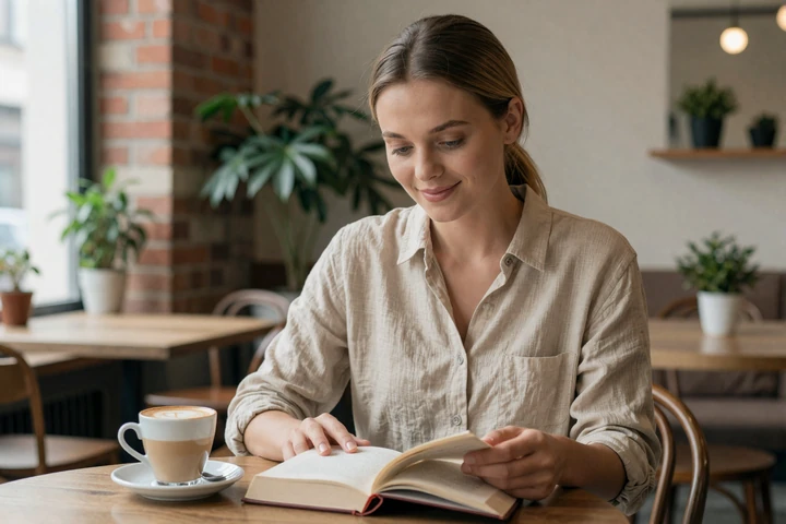 Educated Polish woman reading in a cozy Krakow cafe showcasing modern Polish lifestyle