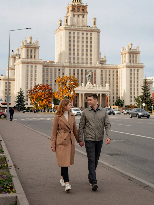 Couple walking together along Independence Avenue in Minsk Belarus on autumn afternoon