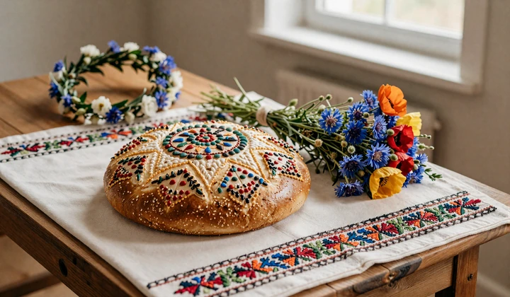 Traditional slavic wedding table with korovai bread and embroidered rushnyk cloth in golden light