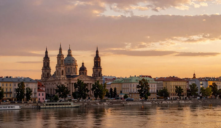 Eastern European cityscape at golden hour with historic architecture reflecting romantic dating culture