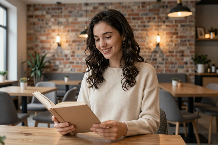 Educated Bulgarian woman reading in a stylish Sofia cafe showcasing modern Bulgarian lifestyle