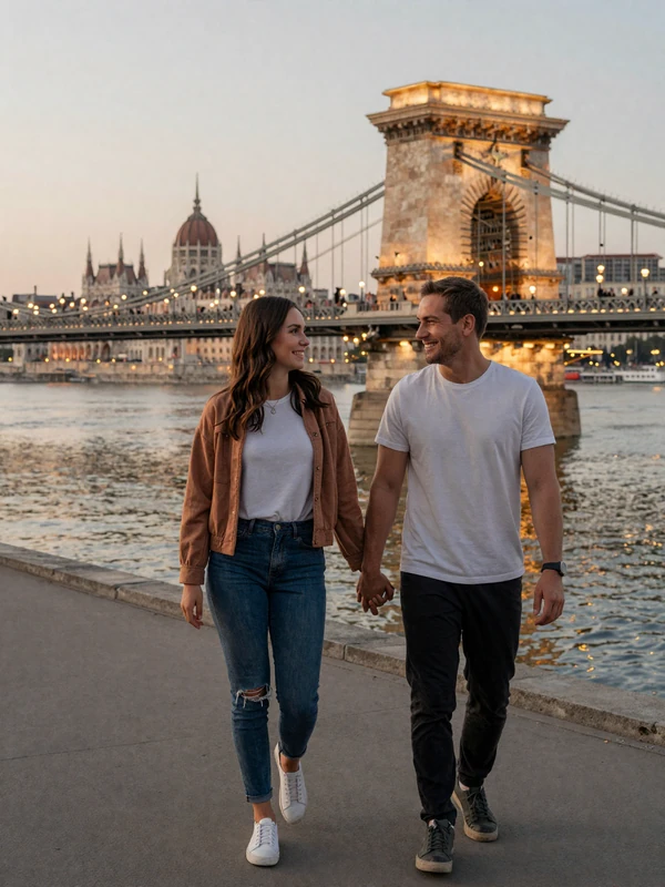 American man and Hungarian woman enjoying a romantic walk along the Danube in Budapest at golden hour