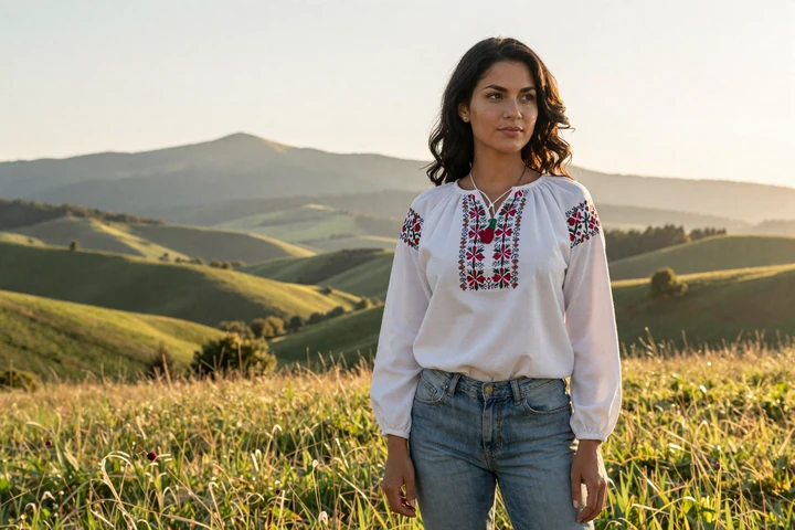Beautiful Romanian woman wearing traditional embroidered ie blouse in Carpathian mountain countryside