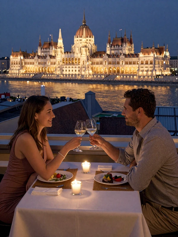 Couple enjoying a romantic rooftop dinner in Budapest with Parliament Building and Danube River view