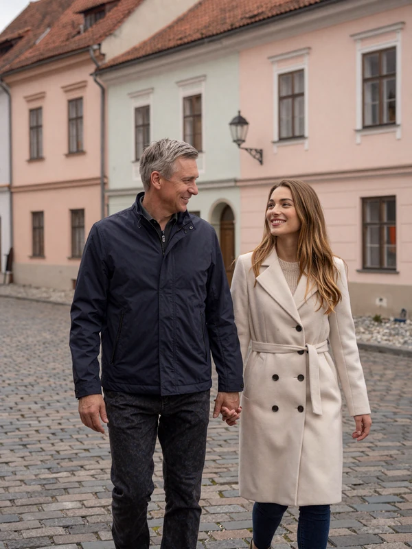 American man and Slovakian woman enjoying a romantic walk through historic Bratislava Old Town