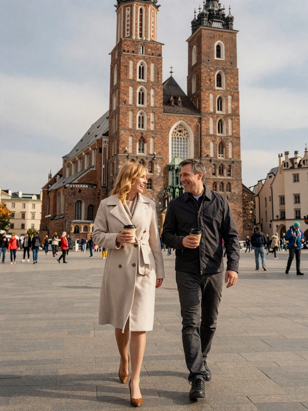 Couple enjoying a romantic afternoon in Krakow Main Square with historic Polish architecture