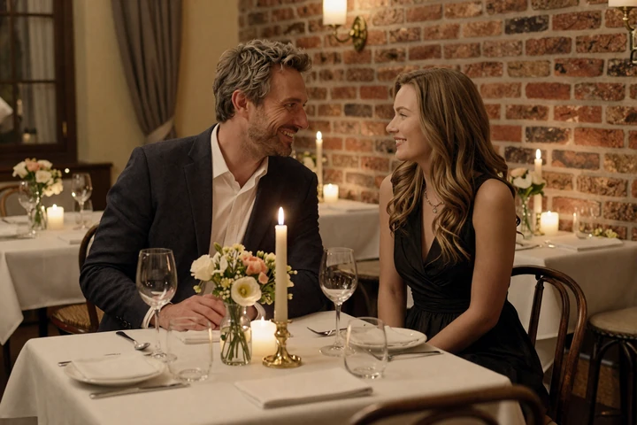 American man and Ukrainian woman enjoying a romantic candlelit dinner at a cozy restaurant