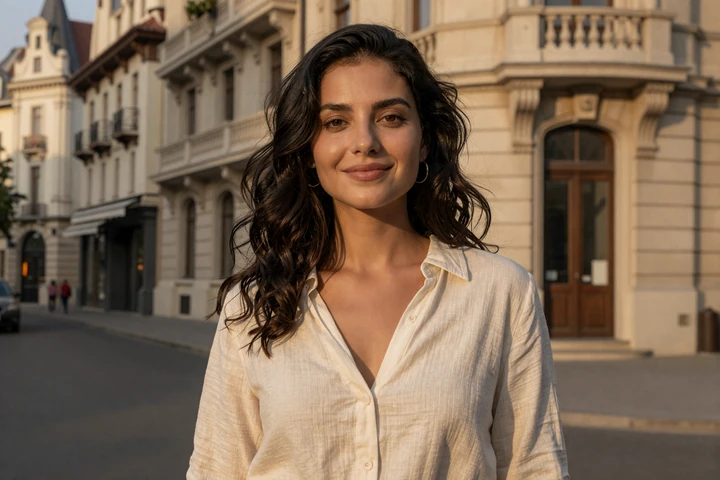 Young Romanian woman smiling on a Bucharest street with Art Nouveau architecture in background