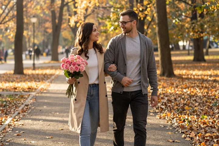 Couple walking through an Eastern European park in autumn demonstrating dating etiquette and romance traditions