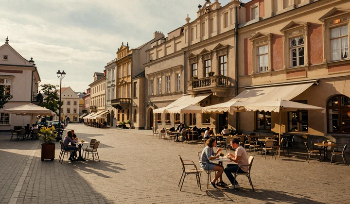 Couple at a cafe in an Eastern European old town square representing best countries to find a loyal wife