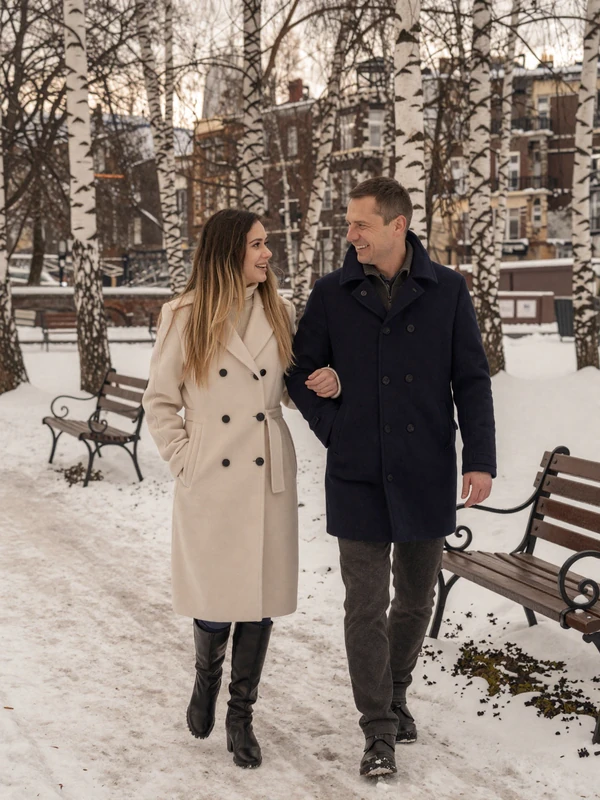 American man and Russian woman walking together in a snowy city park enjoying a romantic date