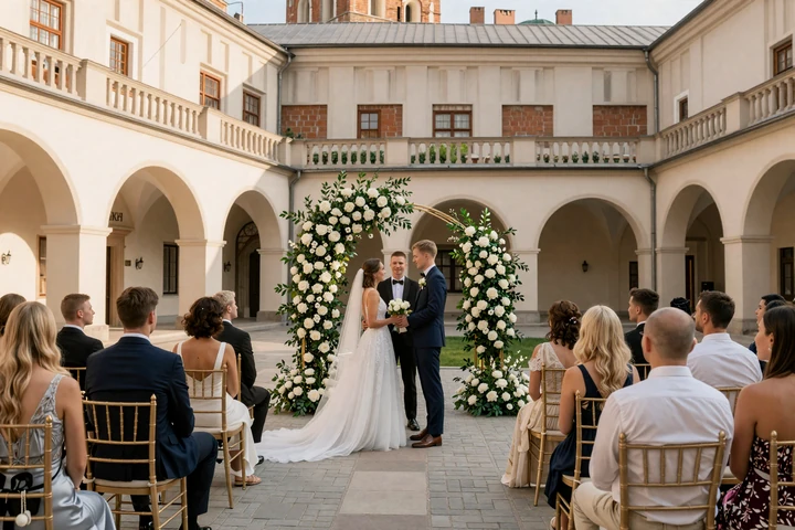 Modern intercultural wedding ceremony blending Slavic traditions in a historic Krakow courtyard setting