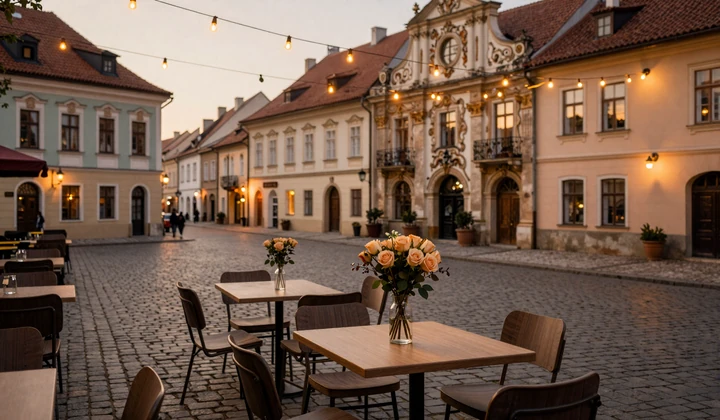 Romantic cafe terrace in an Eastern European old town square illustrating eastern european dating culture