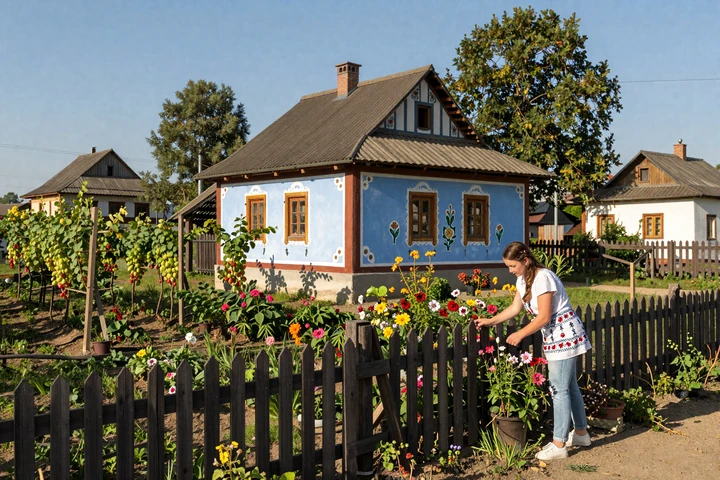 Traditional Moldovan village with charming painted house and garden showcasing rural Moldova lifestyle