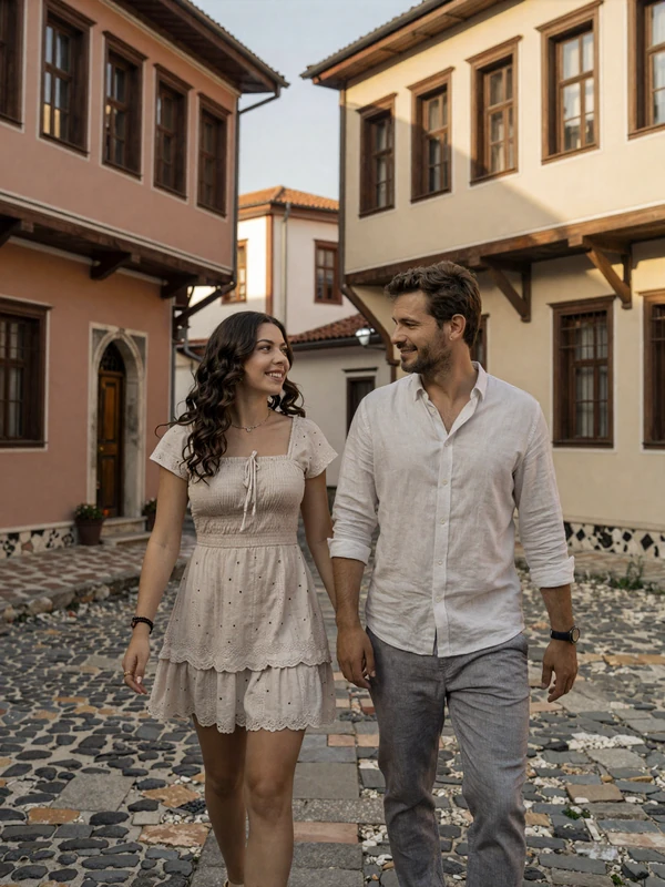 American man and Bulgarian woman enjoying a romantic walk through historic Plovdiv Old Town