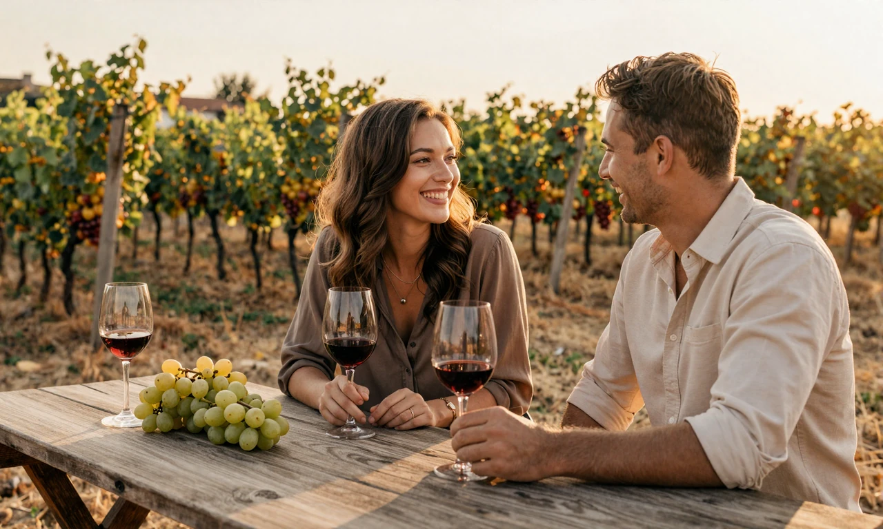 American man and Moldovan woman sharing romantic wine tasting at vineyard estate near Chișinău