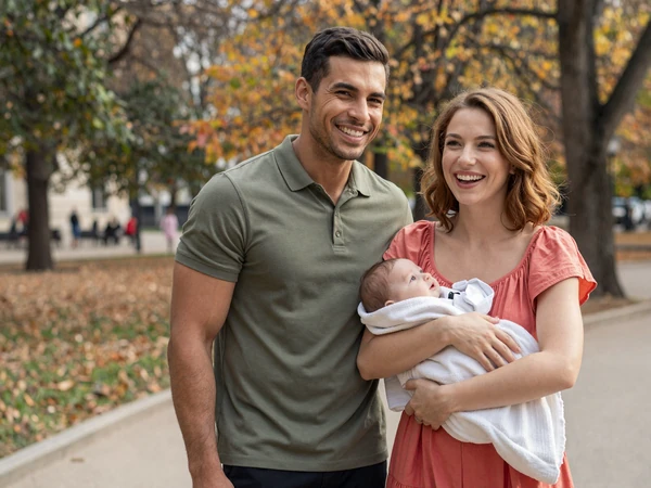 James and Anna with their newborn baby in Ohio park after finding love through Slavic dating platform