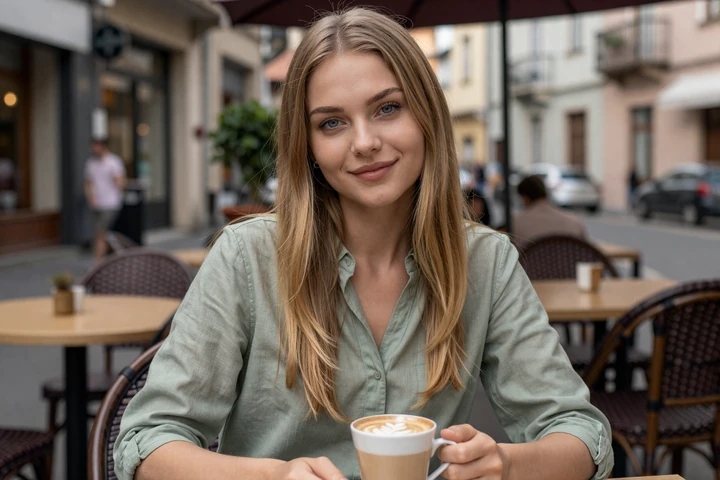 Elegant Slavic woman with high cheekbones and honey-blonde hair at a European cafe showcasing natural slavic beauty standards