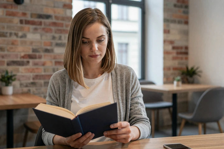 Educated Czech woman reading in a stylish Prague cafe showcasing modern Czech lifestyle