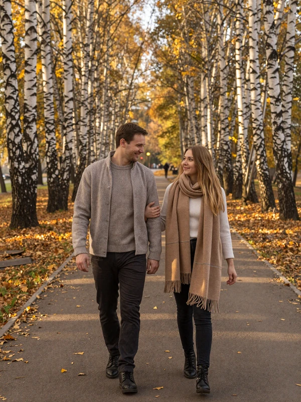 American man and Belarusian woman enjoying a romantic autumn walk through birch-lined Minsk park