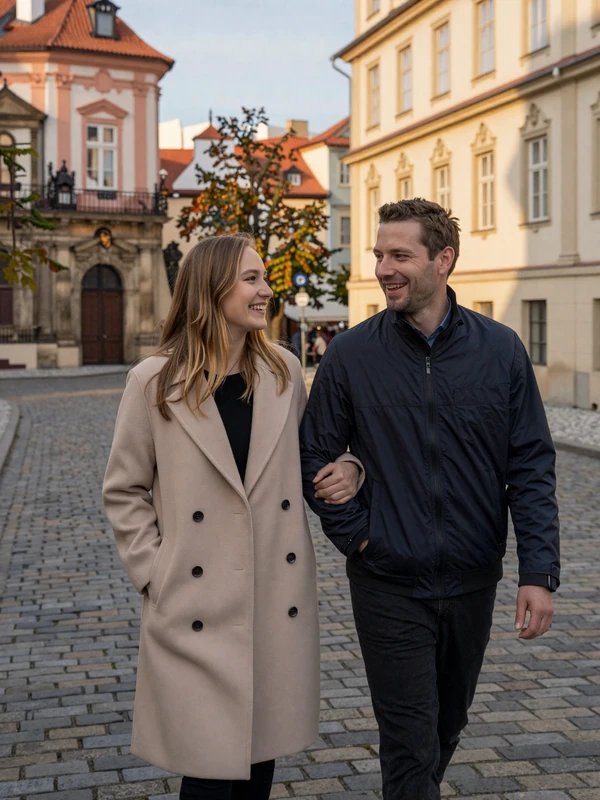 American man and Czech woman enjoying a romantic walk through historic Prague Old Town