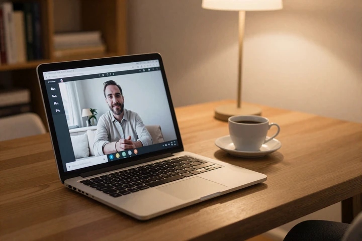 Cozy desk setup with laptop showing video chat representing online communication with Slavic women