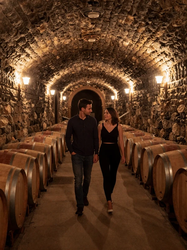 Couple exploring atmospheric underground wine cellars of Cricova winery in Moldova