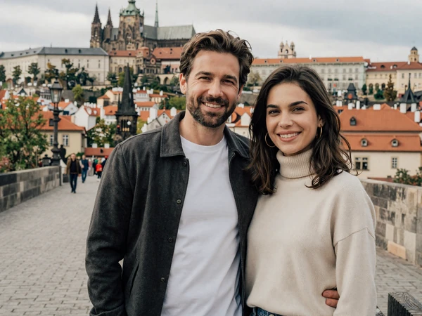 David and Tereza on Charles Bridge in Prague celebrating their engagement through Czech dating