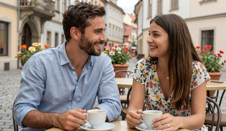 American man and Slavic woman enjoying coffee at a European outdoor cafe representing foreign women seeking American men
