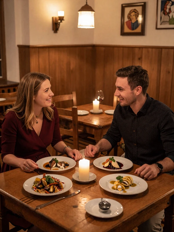 Couple enjoying a romantic dinner at a traditional Czech restaurant in Prague