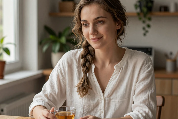 Devoted Slavic woman smiling warmly at kitchen table in cozy home setting representing loyalty and care