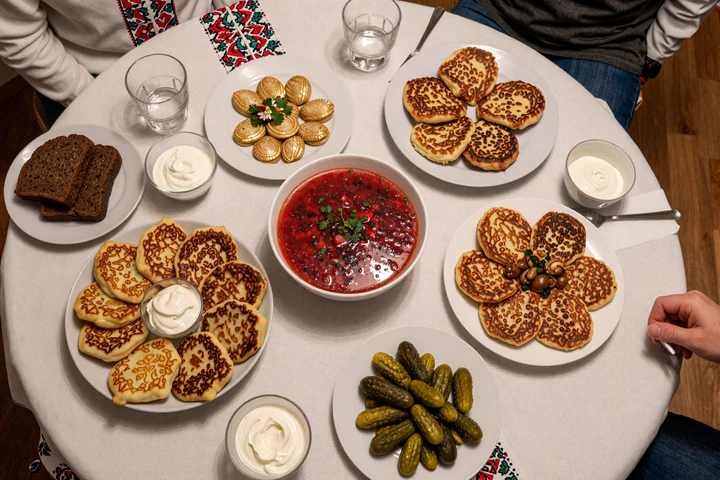 Traditional Belarusian family dinner table with draniki and homemade dishes on embroidered cloth