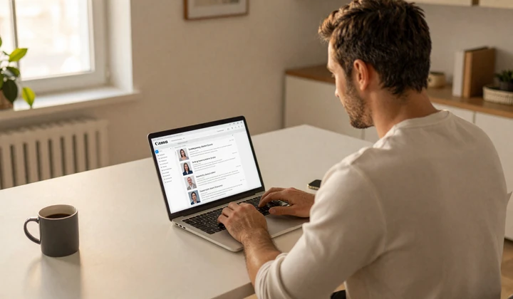 Man creating an online dating profile on a laptop in a cozy home office setting