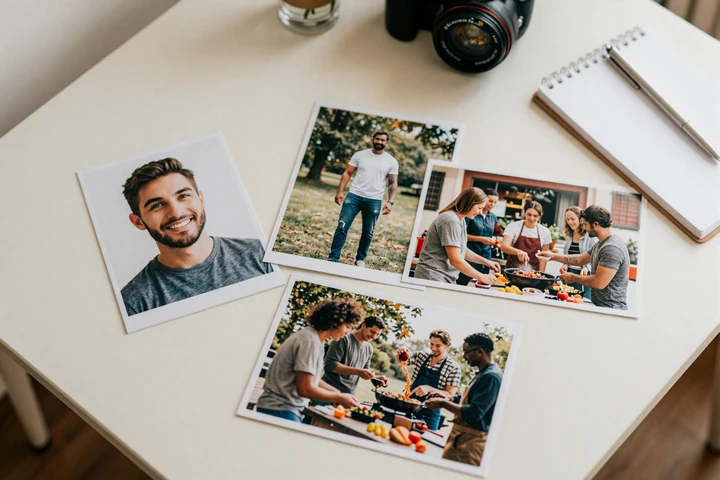 Four types of dating profile photos arranged on a desk showing headshot, full-body, hobby, and social shots