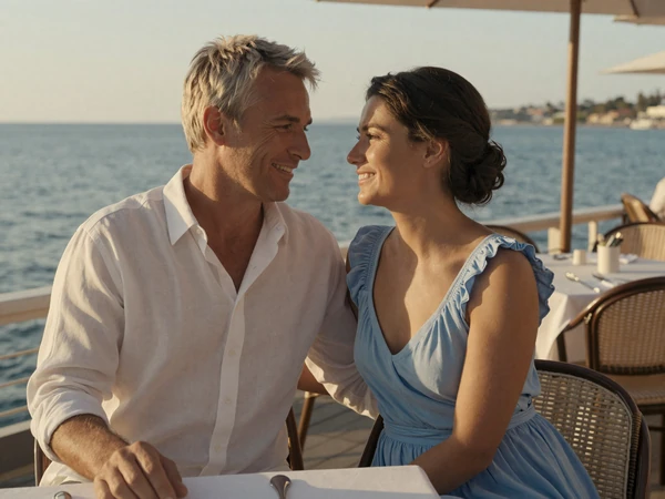Robert and Irina enjoying sunset at seaside cafe after finding love through slavic dating