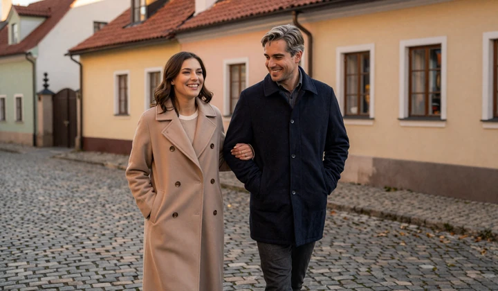 Happy interracial couple walking together through a charming Eastern European town at golden hour