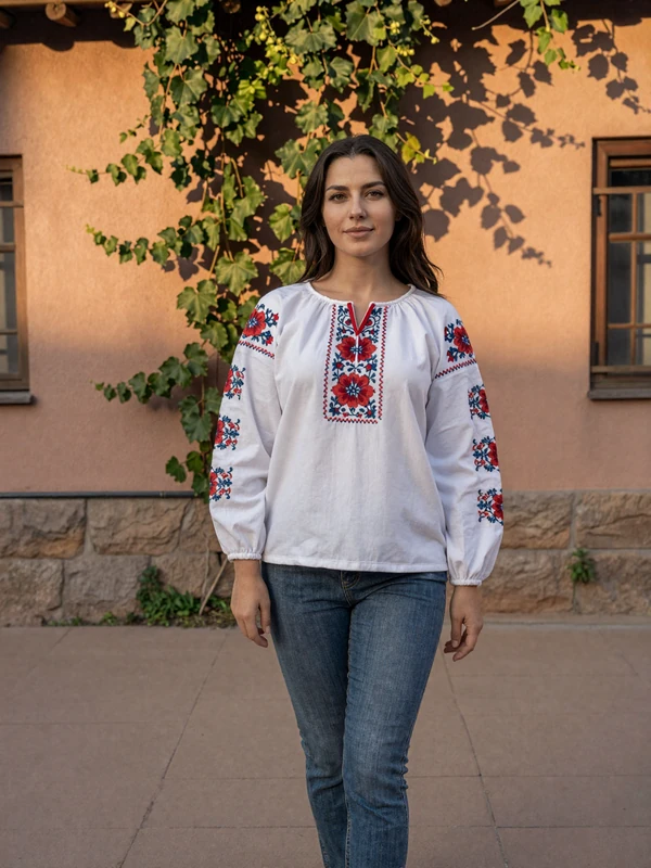 Young Ukrainian woman wearing traditional vyshyvanka embroidered blouse in sunlit courtyard