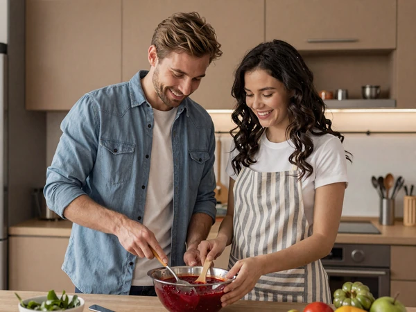 Michael and Natalia cooking traditional borsch together in their American home after meeting on slavic dating site
