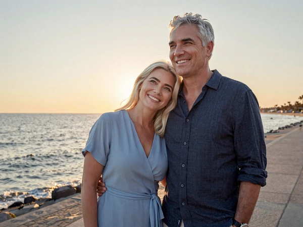 Robert and Irina enjoying sunset at seaside promenade after finding love through international dating