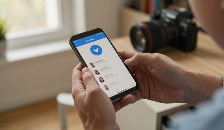 Man verifying online dating profile on smartphone in a cozy home setting with warm natural light