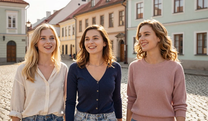 Three diverse Slavic women smiling together in a European old town, showcasing slavic women characteristics