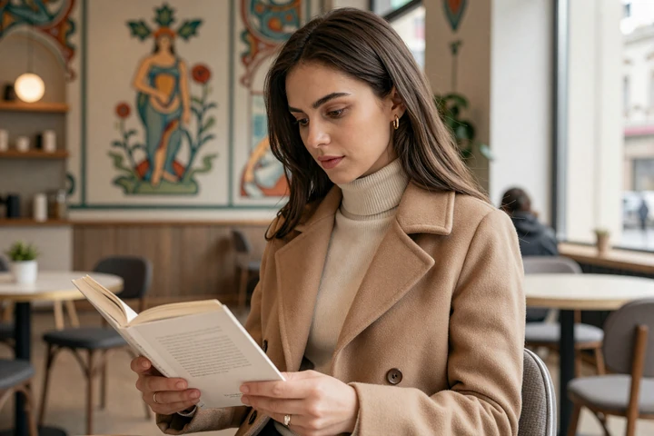 Educated Hungarian woman reading in a stylish Budapest cafe showcasing modern Hungarian lifestyle
